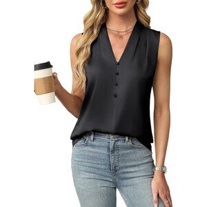 Business Casual Women's Satin Tank Top - Elegant V-Neck Sleeveless Black Blouse